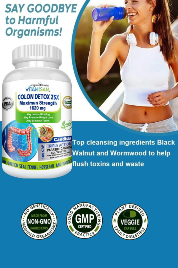 22222222222222222222222222222222 Vitamisan Colon Detox 25X – Maximum Strength 1620mg – Triple Action Cleanse with Parasite & Candida Support – Natural Detox & Weight Management – 100 Veggie Capsules – Non-GMO