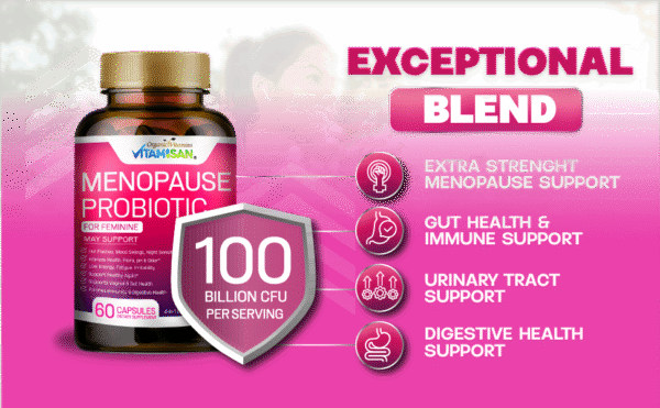 BENEFICIOS-3.png Menopause Probiotic for Women – 100 Billion CFU | Natural Hormone Balance, Hot Flash & Mood Relief, Vaginal & Gut Health Support | 4-in-1 Menopause Supplement | Vegan, Non-GMO, USA Made – 60 Capsules