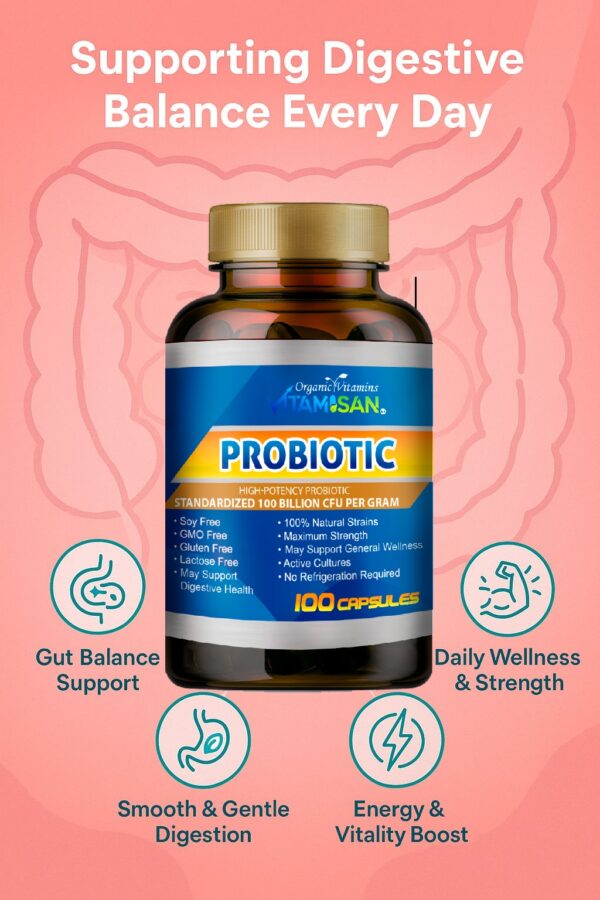 PROBIOTIC_FACTSA Vitamisan Probiotic 100 Billion CFU – Maximum Strength, 100 Capsules – Immune & Digestive Support – Non-GMO, Gluten-Free