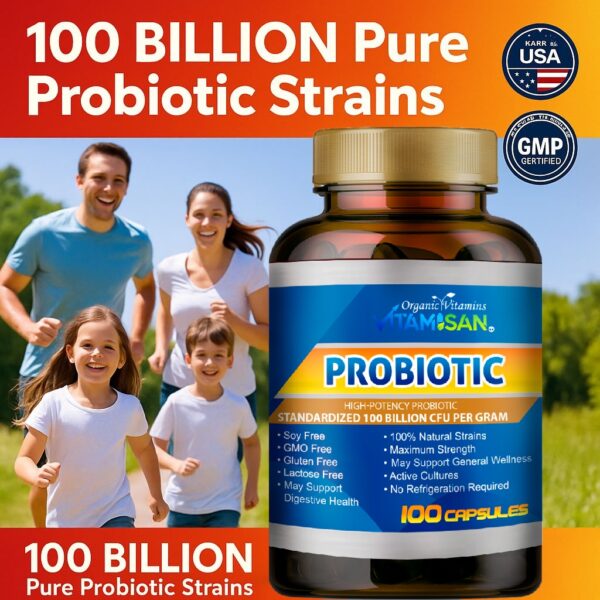 PROB_FACTS_A Vitamisan Probiotic 100 Billion CFU – Maximum Strength, 100 Capsules – Immune & Digestive Support – Non-GMO, Gluten-Free