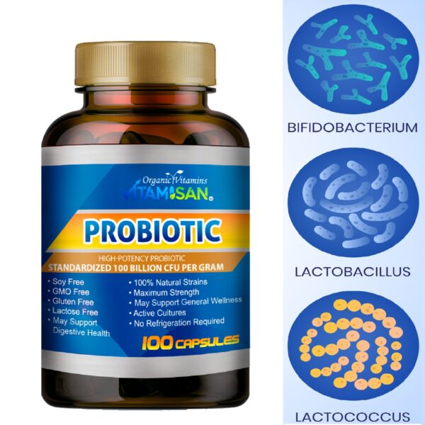 Probiotic_1Ba Vitamisan Probiotic 100 Billion CFU – Maximum Strength, 100 Capsules – Immune & Digestive Support – Non-GMO, Gluten-Free