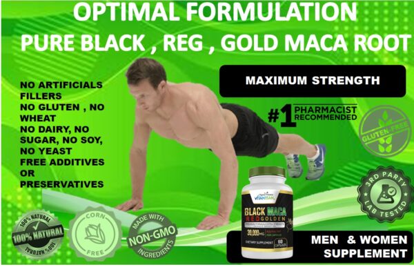Maca Capsules BLACK Maca Yellow Maca Red Maca Roots Grown in Peru Peruvian Powder, Men & Women Supplement