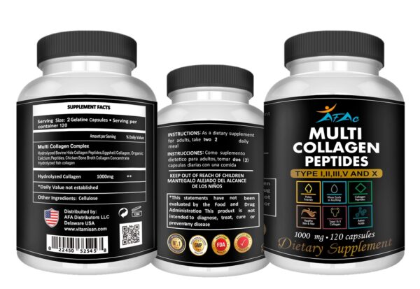 Multi Collagen Peptides VITAMISAN AFAC 120 Caps – Hair, Skin, Nails & Joint Support | Type I, II, III, V, X