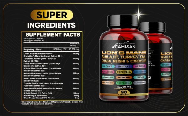 Lion Mane Mushroom Complex 45000mg with Shilajit  90 Caps USA VITAMISAN