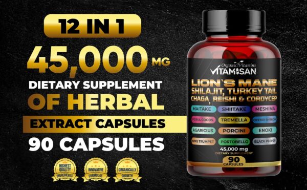 Lion Mane Mushroom Complex 45000mg with Shilajit  90 Caps USA VITAMISAN