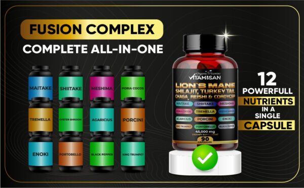 Lion Mane Mushroom Complex 45000mg with Shilajit  90 Caps USA VITAMISAN