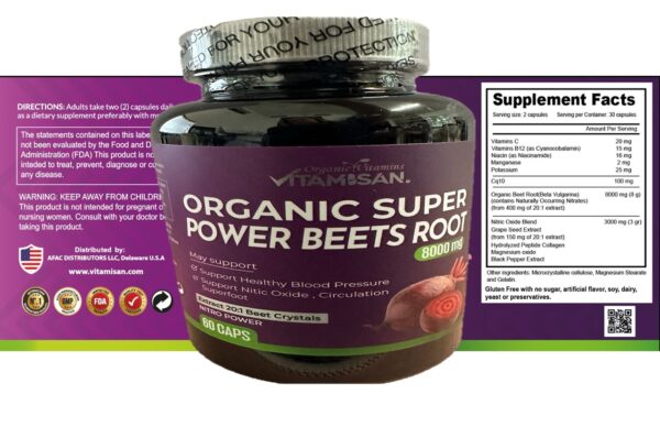 Vitamisan Organic Super Power Beets Root 8000mg – 60 Capsules Natural Heart & Circulation Support | Nitric Oxide Booster