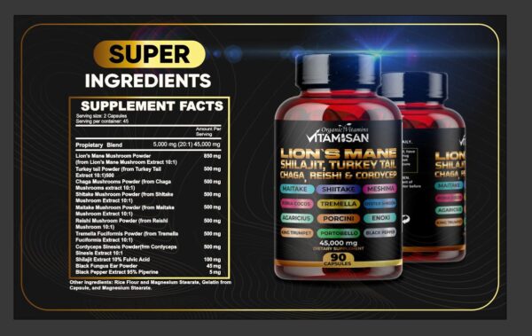 Lion Mane Mushroom Complex 45000mg with Shilajit  90 Caps USA VITAMISAN