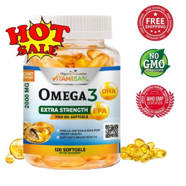 Omega 3 Fish Oil Capsules Strength 120 softgels EPA & DHA, Highest Potency VITAMISAN