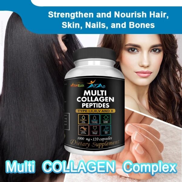 Multi Collagen Peptides VITAMISAN AFAC 120 Caps – Hair, Skin, Nails & Joint Support | Type I, II, III, V, X