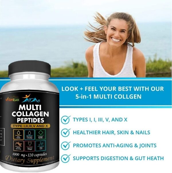 Multi Collagen Peptides VITAMISAN AFAC 120 Caps – Hair, Skin, Nails & Joint Support | Type I, II, III, V, X