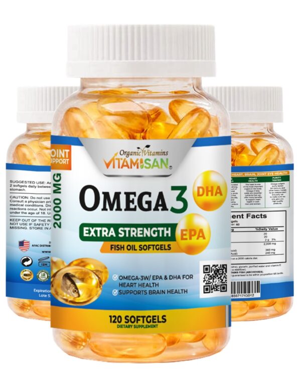 Omega 3 Fish Oil Capsules Strength 120 softgels EPA & DHA, Highest Potency VITAMISAN