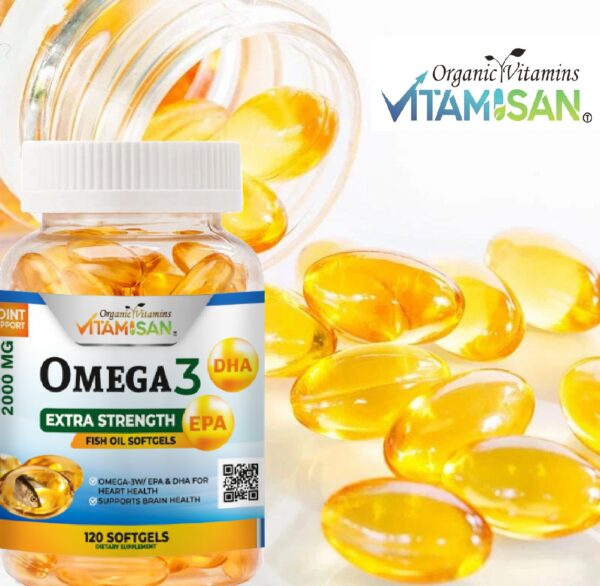 Omega 3 Fish Oil Capsules Strength 120 softgels EPA & DHA, Highest Potency VITAMISAN