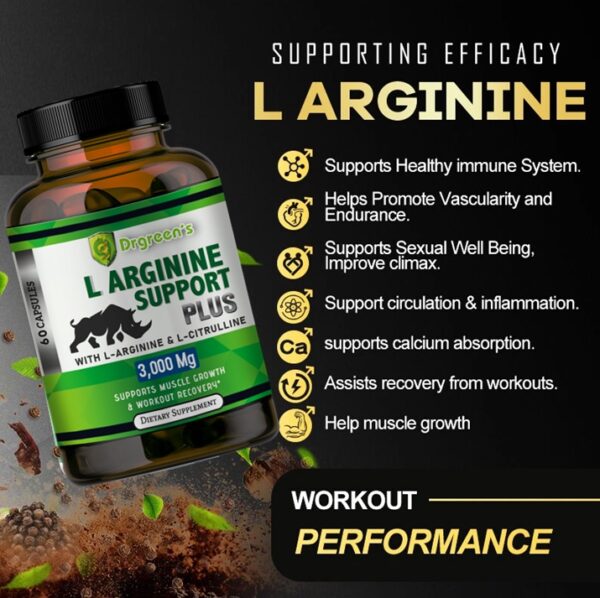 L-Arginine Support Plus by Drgreen’s – Advanced Nitric Oxide Supplement for Muscle Growth, Vascularity & Faster Recovery – 3000mg Formula