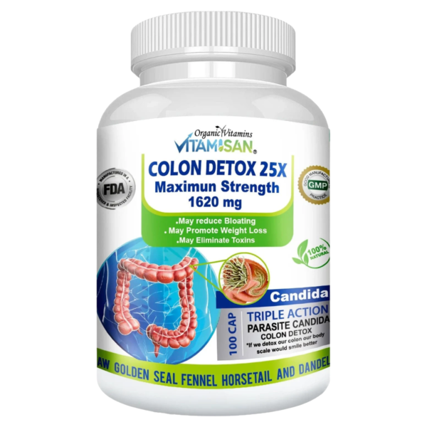 colondetox Vitamisan Colon Detox 25X – Maximum Strength 1620mg – Triple Action Cleanse with Parasite & Candida Support – Natural Detox & Weight Management – 100 Veggie Capsules – Non-GMO