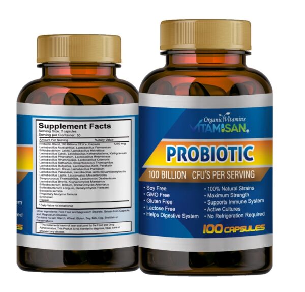 probiostos33.jpg Vitamisan Probiotic 100 Billion CFU – Maximum Strength, 100 Capsules – Immune & Digestive Support – Non-GMO, Gluten-Free