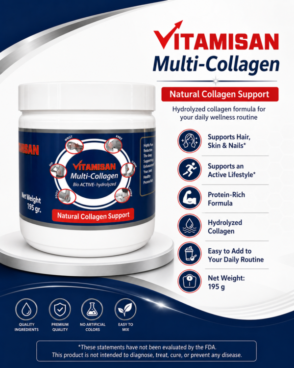 Vitamisan Multi-Collagen Hydrolyzed Powder – Natural Collagen Support for Hair, Skin, Nails & Daily Wellness