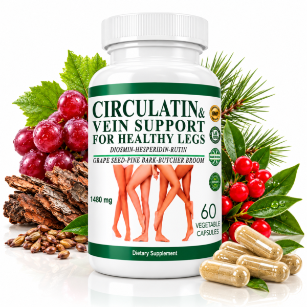 Circulation Support Supplement with Botanicals Circulatin Vein Support & Healthy Leg Circulation Supplement 1480 mg – Diosmin Hesperidin Rutin Grape Seed Pine Bark Butcher's Broom – 60 Veg Capsules