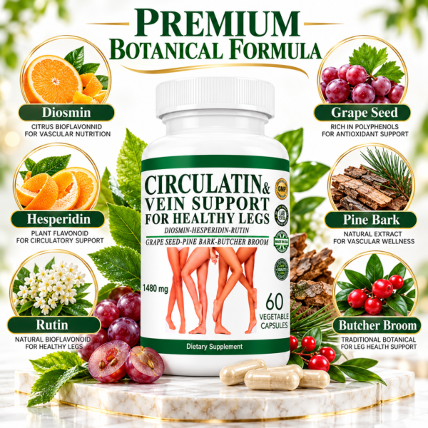 circulatin-healthy-leg-circulation-support-supplement.jpg Circulatin Vein Support & Healthy Leg Circulation Supplement 1480 mg – Diosmin Hesperidin Rutin Grape Seed Pine Bark Butcher's Broom – 60 Veg Capsules