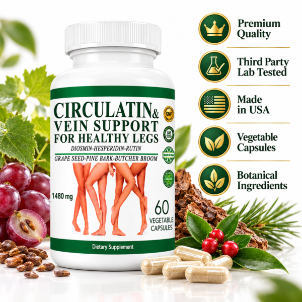 circulatin-natural-botanical-leg-wellness-formula.jpg Circulatin Vein Support & Healthy Leg Circulation Supplement 1480 mg – Diosmin Hesperidin Rutin Grape Seed Pine Bark Butcher's Broom – 60 Veg Capsules