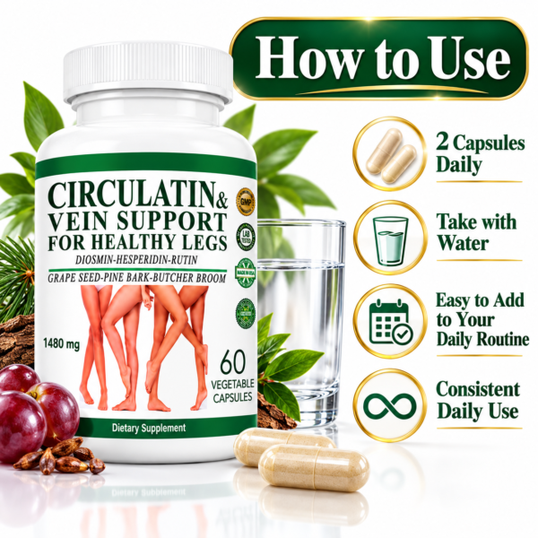 circulatin-premium-vascular-wellness-supplement.jpg Circulatin Vein Support & Healthy Leg Circulation Supplement 1480 mg – Diosmin Hesperidin Rutin Grape Seed Pine Bark Butcher's Broom – 60 Veg Capsules