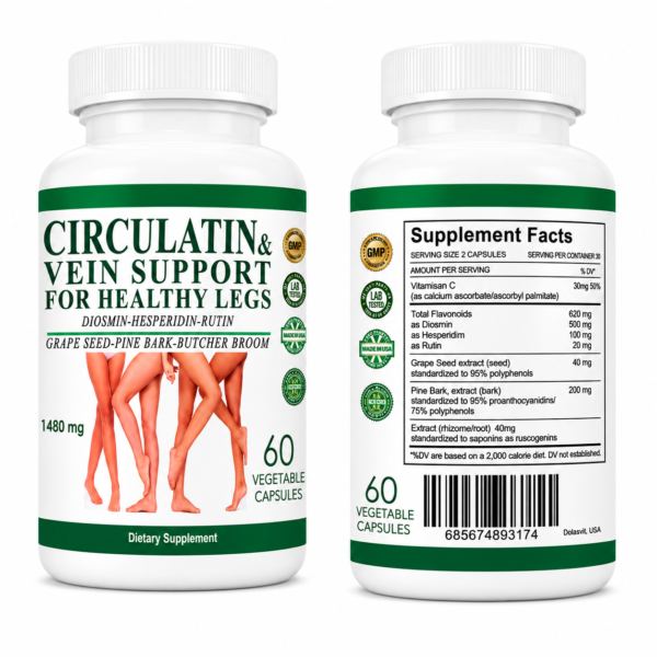 circulatin-vein-support-front-back-main-image-white-background Circulatin Vein Support & Healthy Leg Circulation Supplement 1480 mg – Diosmin Hesperidin Rutin Grape Seed Pine Bark Butcher's Broom – 60 Veg Capsules
